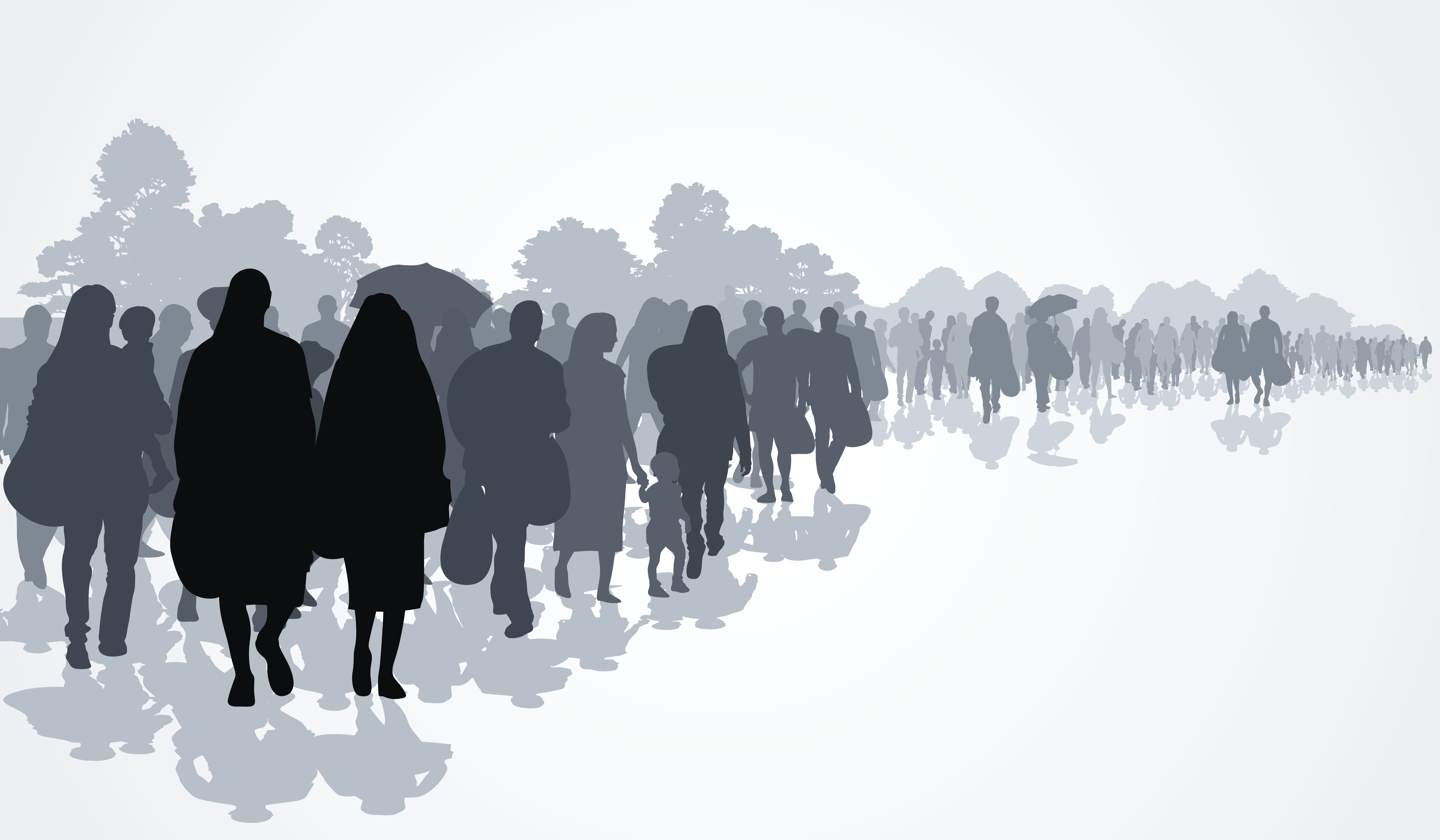 Silhouettes of refugees people searching new homes or life due to persecution. Vector illustration